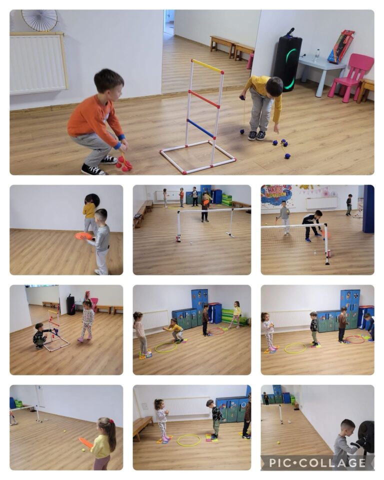 Copii la o activitate sportivă în sala de sport a grădiniței Kițy Bițy din Constanța