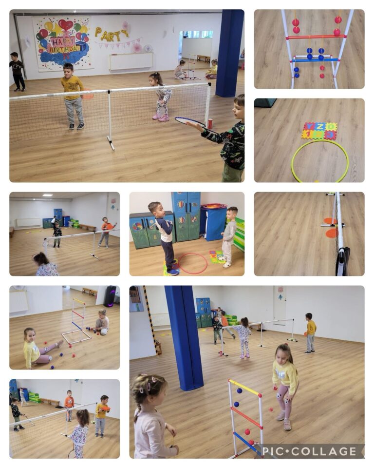 Copii la o activitate sportivă în sala de sport a grădiniței Kițy Bițy din Constanța